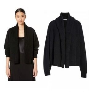 Vince Oversize Cropped Shawl Collar Soft Wool Blend Rib Knit Black XS